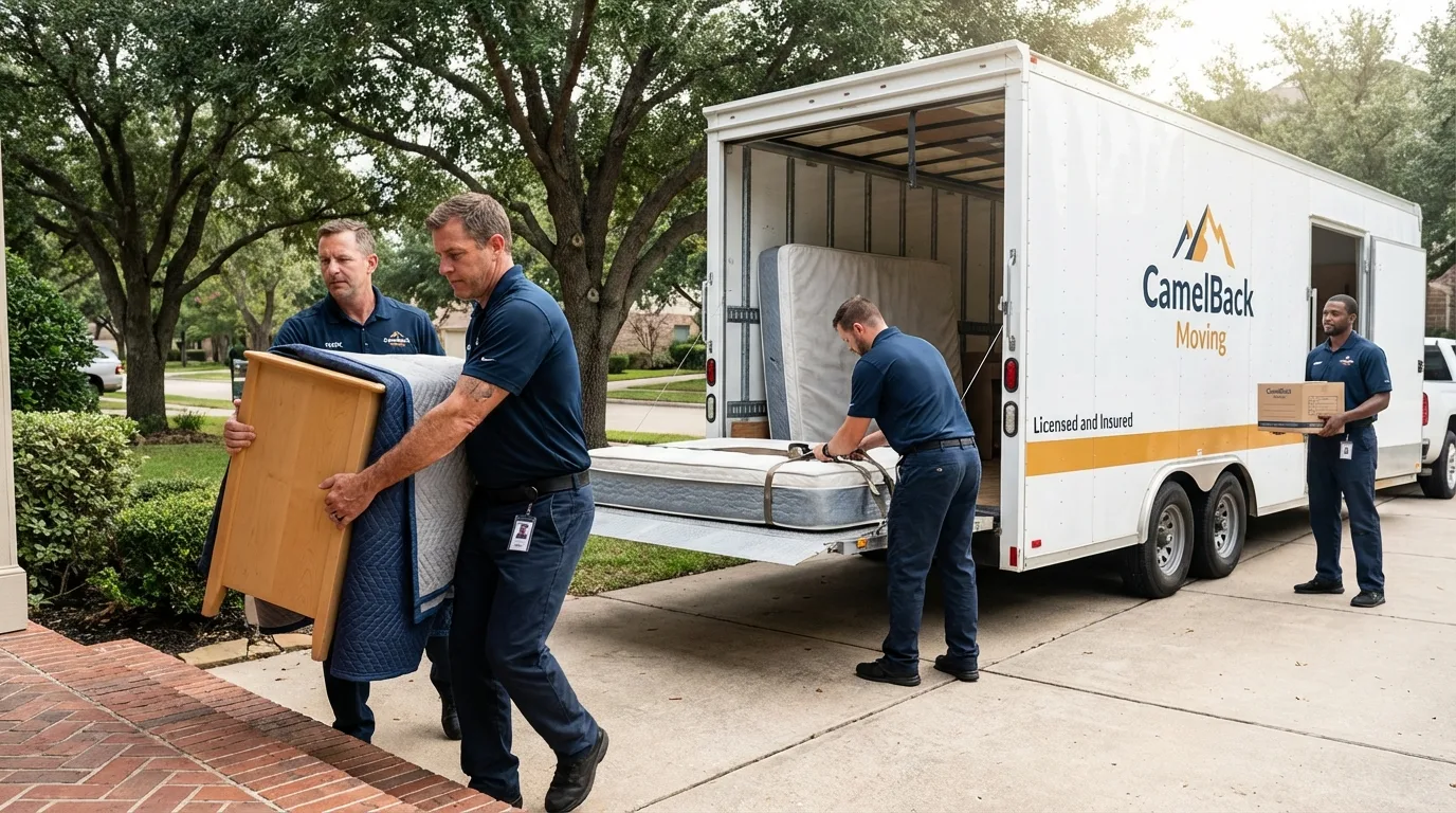 Crew loading residential truck for cross-state move from Melrose, MA