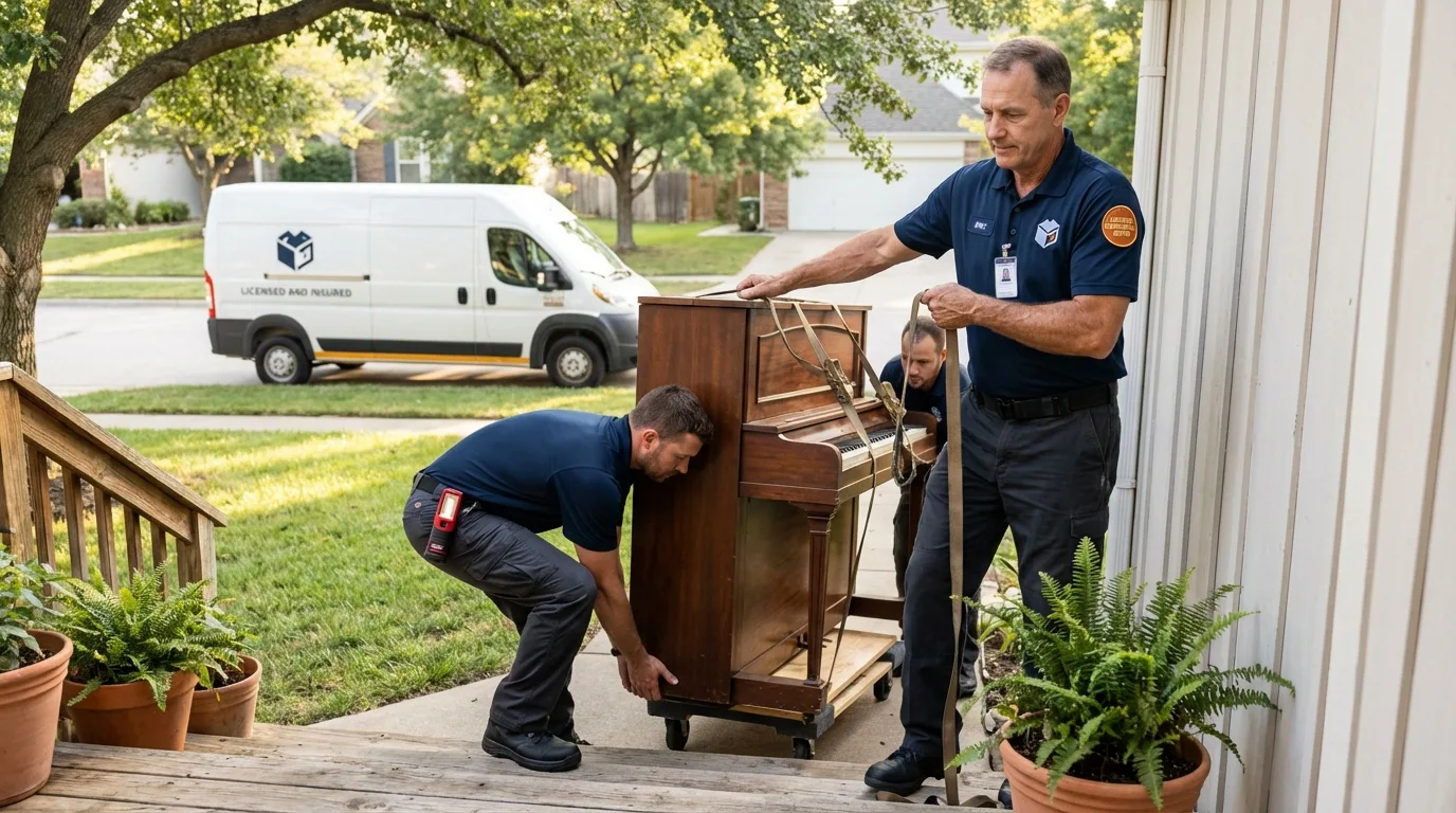 Licensed piano movers securing grand piano in Melrose, MA