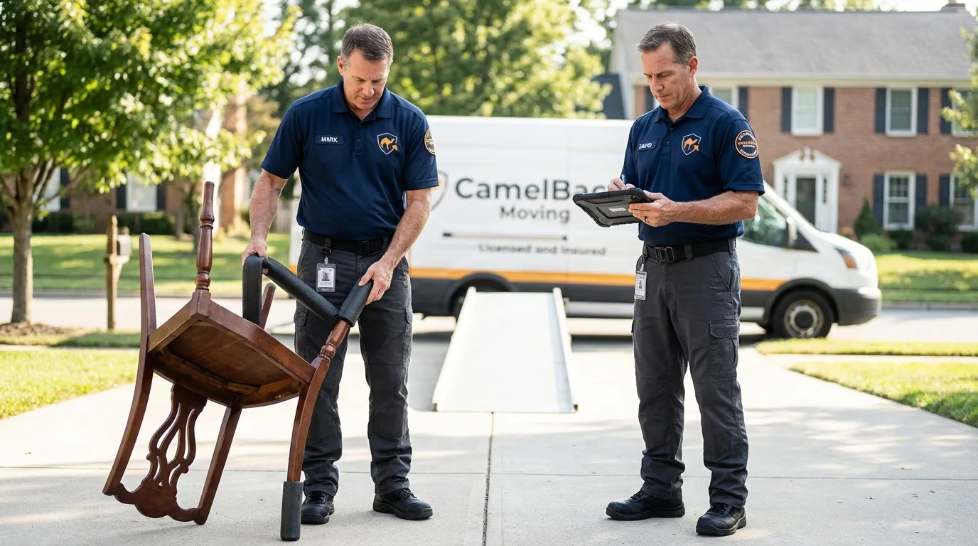 Movers inspecting furniture for damage prevention before loading in Melrose, MA