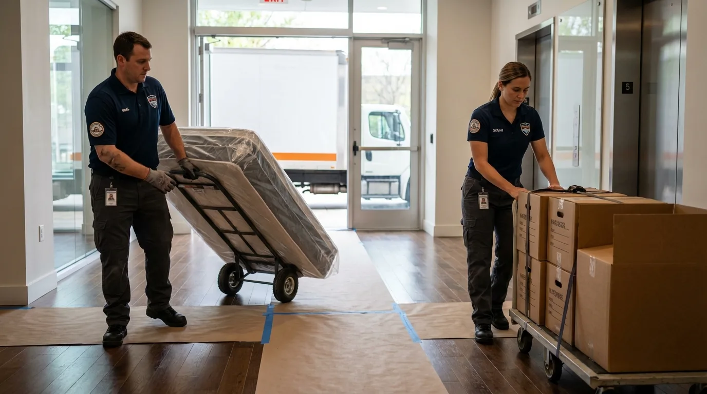 Professional apartment movers loading elevator in Melrose, MA