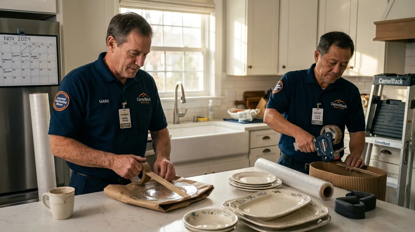 Professional crew packing kitchen dishware in Melrose, MA